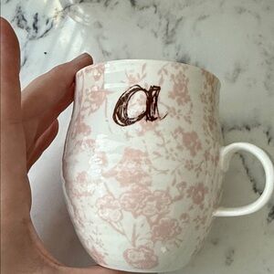 “A” Anthropologie Pink Floral Ceramic Mug